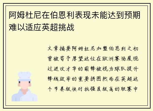 阿姆杜尼在伯恩利表现未能达到预期难以适应英超挑战 阿姆杜尼在伯恩利表现未能达到预期难以适应英超挑战