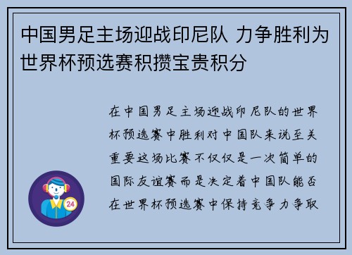 中国男足主场迎战印尼队 力争胜利为世界杯预选赛积攒宝贵积分